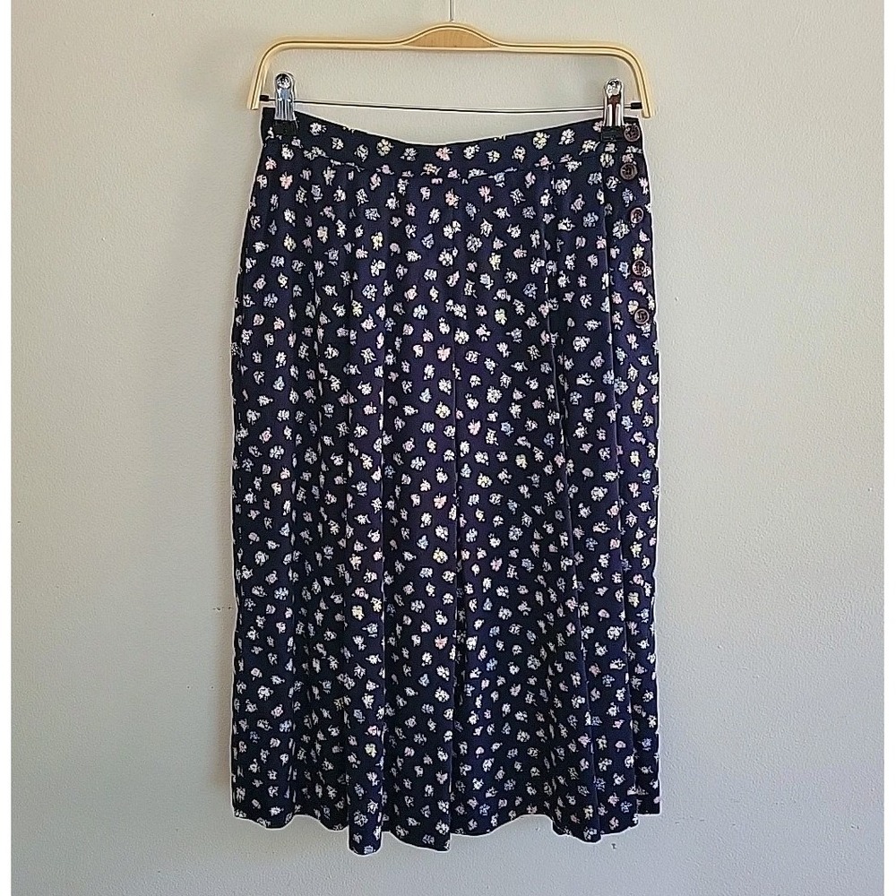 Herman Geist Pleated Midi Skirt 10 Navy Blue Floral Cottagecore Dark Academia